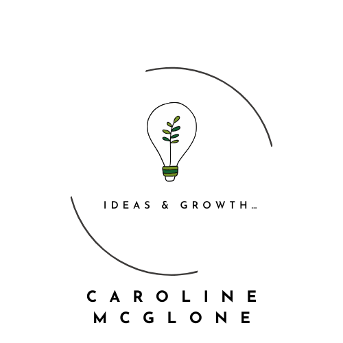 A broken circle reading "Caroline McGlone Ideas and Growth". The circle contains a lightbulb with a seedling in green in it. The bulb and circle are black and white. 