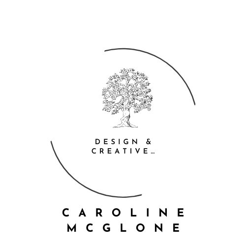 A green minimal tree illustration in a broken circle. Design and creative is written through the middle. The name Caroline McGlone is written underneath.