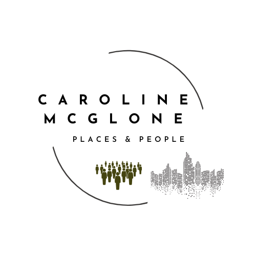 The name Caroline McGlone is written above the words places and people. A group of people in green stands next to a minimal illustration of a city sitting in the broken circle.